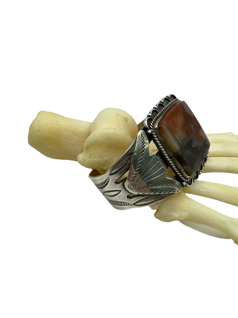 Vintage 1940s Navajo Fred Harvey Era Heavy Sterling Silver Petrified Wood Cuff - Picture 7 of 10